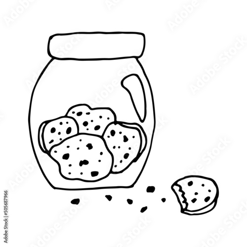 Glass jar with sweet oatmeal chocolate chip cookies. Delicious and healthy breakfast. Doodle. Hand drawn Vector illustration. Outline.