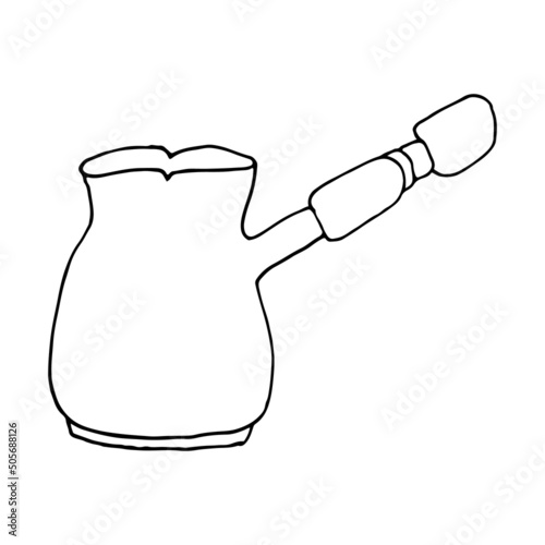 Classic copper cezve with wooden handle for strong coffee. Doodle. Hand drawn vector illustration. Outline.