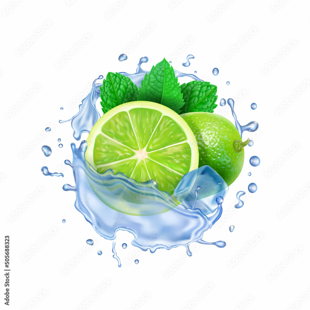 Round water splash mojito. Lime, ice cubes and mint leaves. Mojito