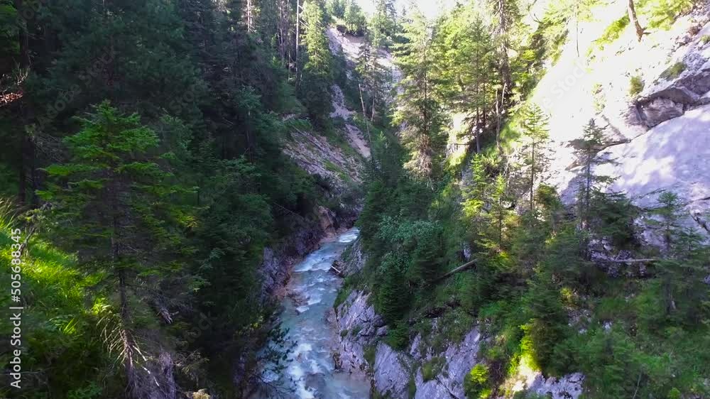 Aerial shot of beautiful Gleirschklamm' Gorge, unspoiled waterfalls of Isar source