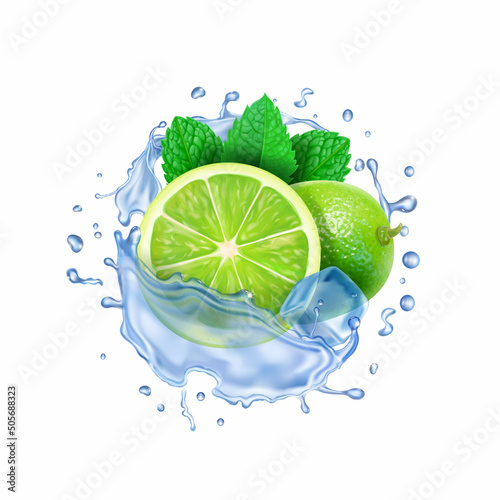 Round water splash mojito. Lime, ice cubes and mint leaves. Mojito cocktail with citrus fruit juice, lime slices and peppermint leaves Realistic vector