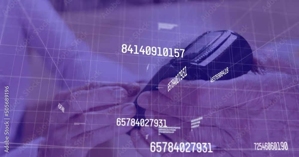 Animation of data processing over diverse people paying with credit card