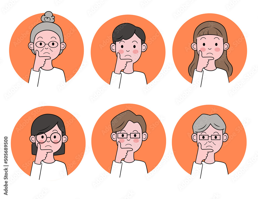 Group of cartoon thoughtful people. Problem solving and choice. Vector modern illustration. Group of cartoon thoughtful people. Problem solving and choice. Vector modern illustration.