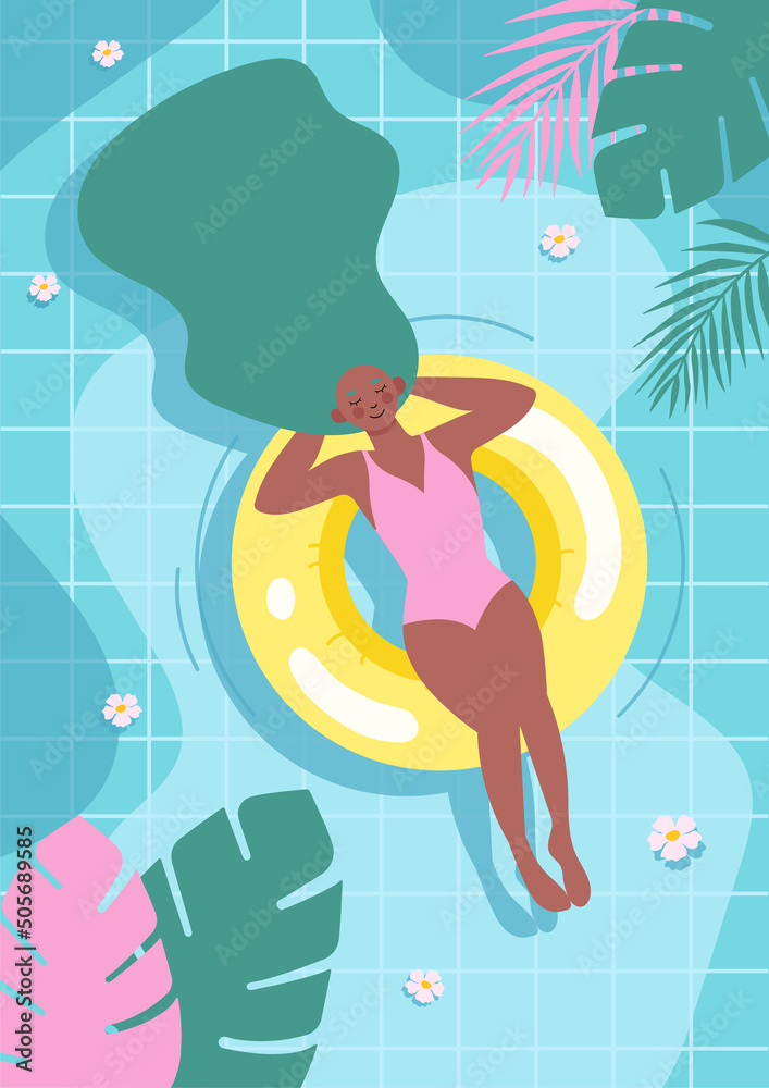 Summer pool party poster design template with palm leaves, water, beach. Vector holiday illustration for banner, flyer, invitation, poster.