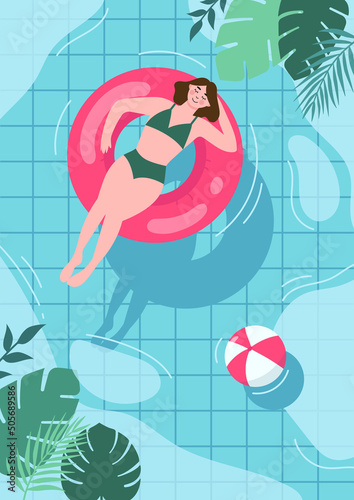 Summer pool background vector illustration. Girl in the pool with copy space. Girl in the pool.