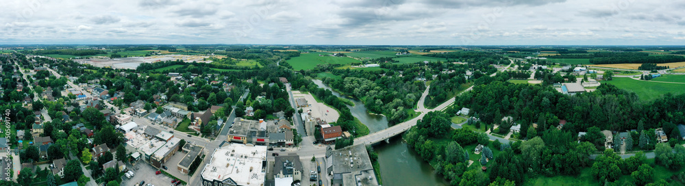 Aerial panorama scene of St Jacobs, Ontario, Canada on a fine day