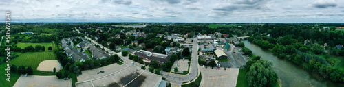Aerial panorama of St Jacobs, Ontario, Canada on a fine morning