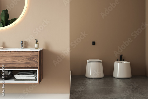 Modern minimalist bathroom interior  modern bathroom cabinet  double sink  oval mirror  concrete flooring  accessories  bathtub  beige walls. 3d rendering 