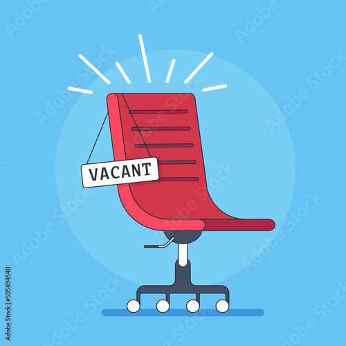 Red office chair vacant on blue background. Business recruiting concept. Vector illustration..