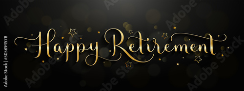 HAPPY RETIREMENT vector gold glitter brush calligraphy banner with flourishes on black background