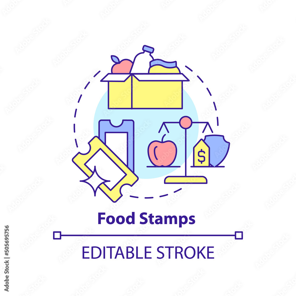 Food stamps concept icon. Low income people support. Government benefit abstract idea thin line illustration. Isolated outline drawing. Editable stroke. Arial, Myriad Pro-Bold fonts used Food stamps concept icon. Low income people support. Government benefit abstract idea thin line illustration. Isolated outline drawing. Editable stroke. Arial, Myriad Pro-Bold fonts used