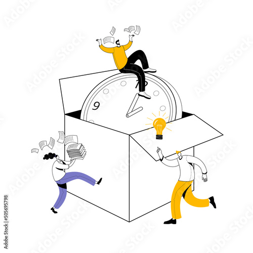 The development team is bustling around the watch box. Vector illustration on the topic of time management.