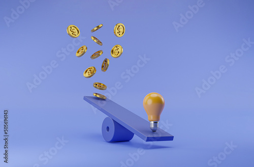Lightbulb and golden coins flowing on seesaw for symbol of creative thinking idea and problem solving can make more money concept by 3d render illustration. photo