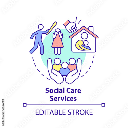 Social care services concept icon. Vulnerable groups support. Social protection abstract idea thin line illustration. Isolated outline drawing. Editable stroke. Arial, Myriad Pro-Bold fonts used