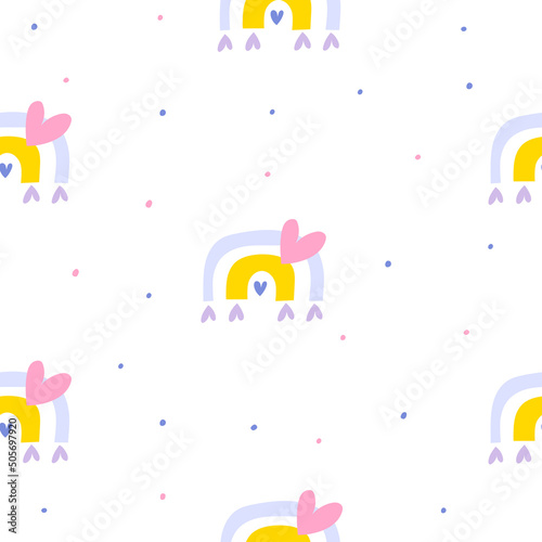 Seamless pattern with rainbows. Festive wrapping paper. Hand-drawn background.