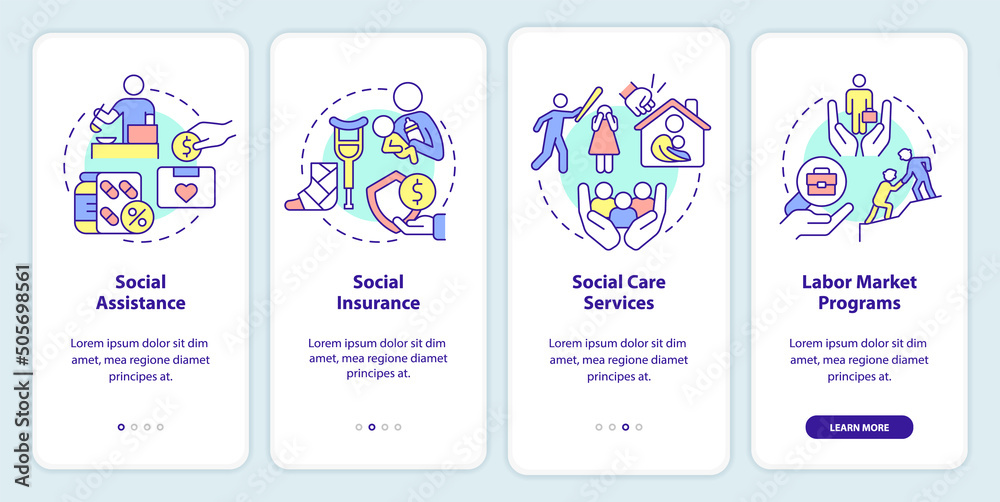 Social protection onboarding mobile app screen. Programs and services walkthrough 4 steps graphic instructions pages with linear concepts. UI, UX, GUI template. Myriad Pro-Bold, Regular fonts used Social protection onboarding mobile app screen. Programs and services walkthrough 4 steps graphic instructions pages with linear concepts. UI, UX, GUI template. Myriad Pro-Bold, Regular fonts used
