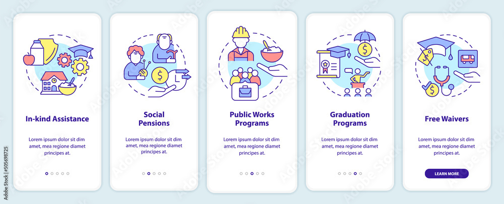 Social assistance examples onboarding mobile app screen. Walkthrough 5 steps graphic instructions pages with linear concepts. UI, UX, GUI template. Myriad Pro-Bold, Regular fonts used