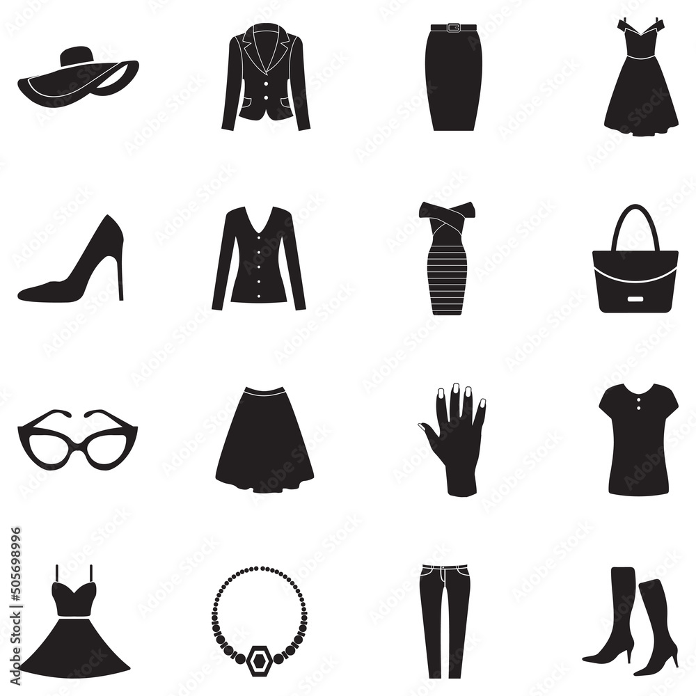 Women Fashion Icons. Black Flat Design. Vector Illustration.