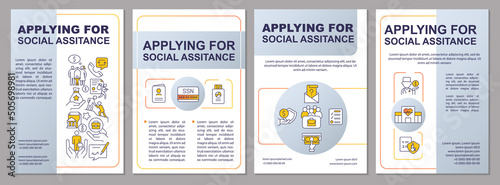 Applying for social assistance grey brochure template. Program, service. Leaflet design with linear icons. 4 vector layouts for presentation, annual reports. Arial-Black, Myriad Pro-Regular fonts used