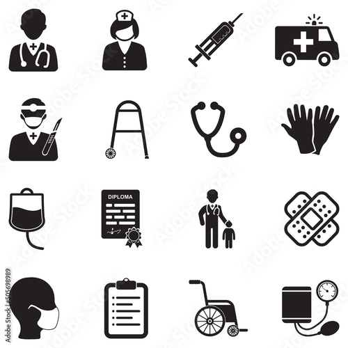 Doctor and Nurse Icons. Black Flat Design. Vector Illustration.