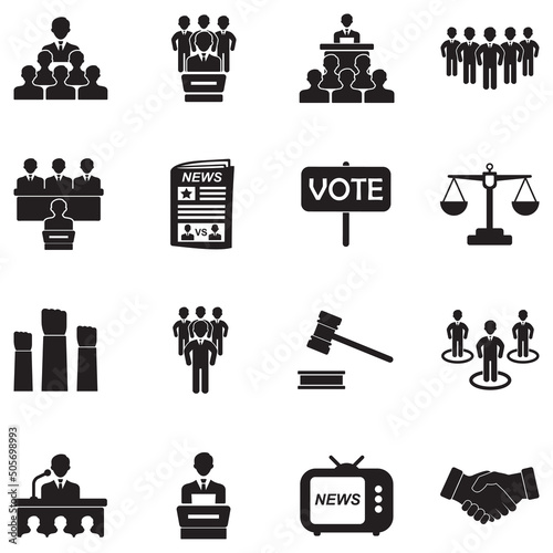 Politician Icons. Black Flat Design. Vector Illustration.