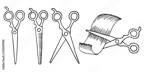 Haircutting scissors set. Shears for thinning with finger brace, cutting a strand of hair. Outline doodle sketch. Professional hairdresser tools vector icon for beauty salon or barbershop concept.