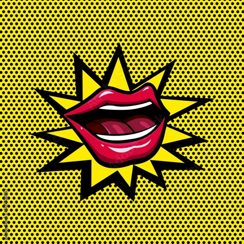 Red lips pop art colored line icon. Sensual open mouth retro sign. Vintage dot background, explosion. Flat isolated illustration for: logo, app, banner, web design, dev, ui, ux, gui. Vector EPS 10