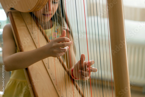 Obraz na plátne The child plays the harp. Selective focus.