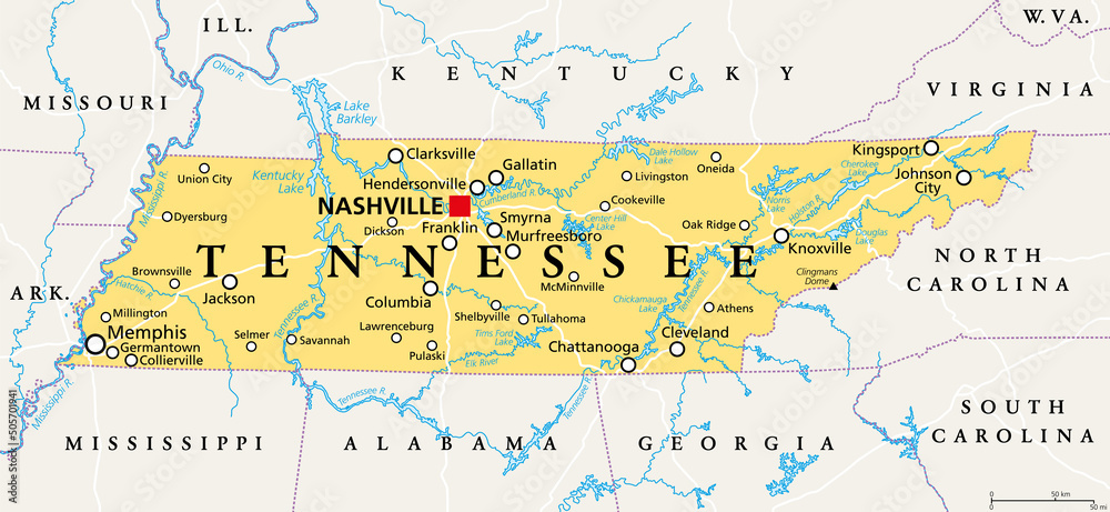 Tennessee, TN, political map, with capital Nashville, largest cities, lakes and rivers. State of Tennessee. Landlocked state in Southeastern region of the United States, nicknamed The Volunteer State. - obrazy, fototapety, plakaty 