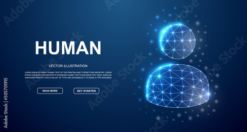 User avatar 3d low poly symbol with connected dots for blue landing page. Teamwork design illustration concept. Polygonal Profile illustration
