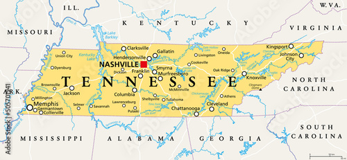 Tennessee, TN, political map, with capital Nashville, largest cities, lakes and rivers. State of Tennessee. Landlocked state in Southeastern region of the United States, nicknamed The Volunteer State. photo