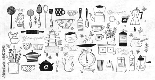 Fototapeta Big set of kitchen doodle sketch utensils on old paper background