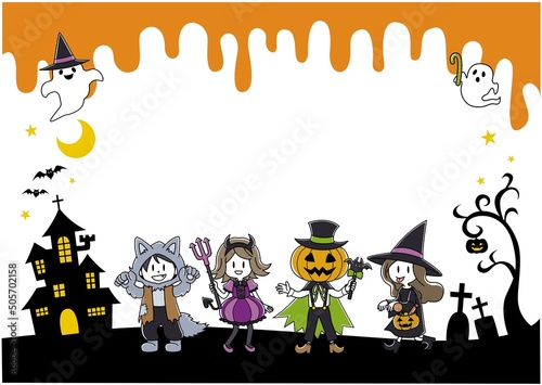 ハロウィン仮装（狼男・悪魔・カボチャ男・魔女）とオバケの全身イラストセット_シルエット背景あり