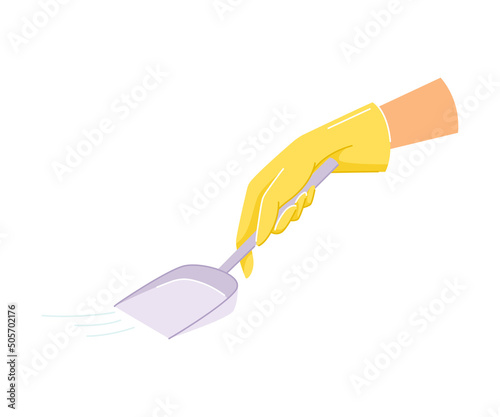 Hand in Yellow Glove Cleaning Floor with Dustpan Vector Illustration