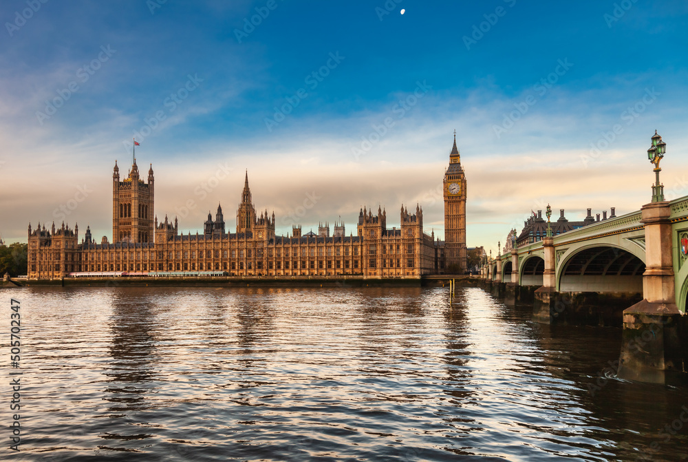 London cityscape with Palace of Westminster Big Ben and Westminster Bridge in a morning light