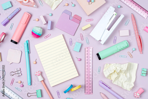 Stylish stationery on pink background. School stationery or office supplies. Workplace organization. Concept back to school.