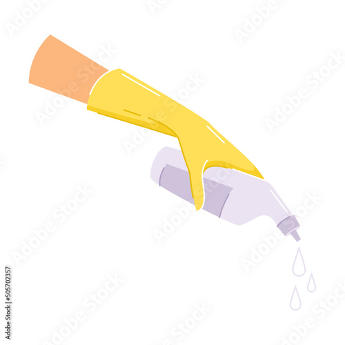 Hand in Yellow Glove Holding Detergent Bottle Doing Cleaning Vector Illustration