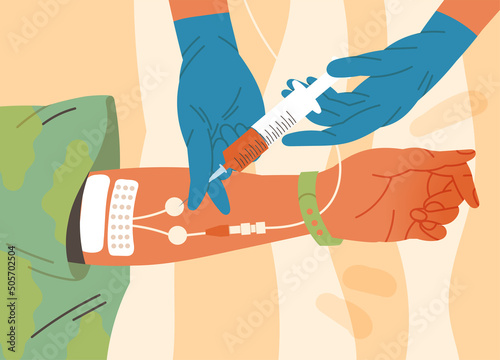 Doctor Hand with Syringe Drawing Blood from Patient Lying on Hospital Cot Vector Illustration