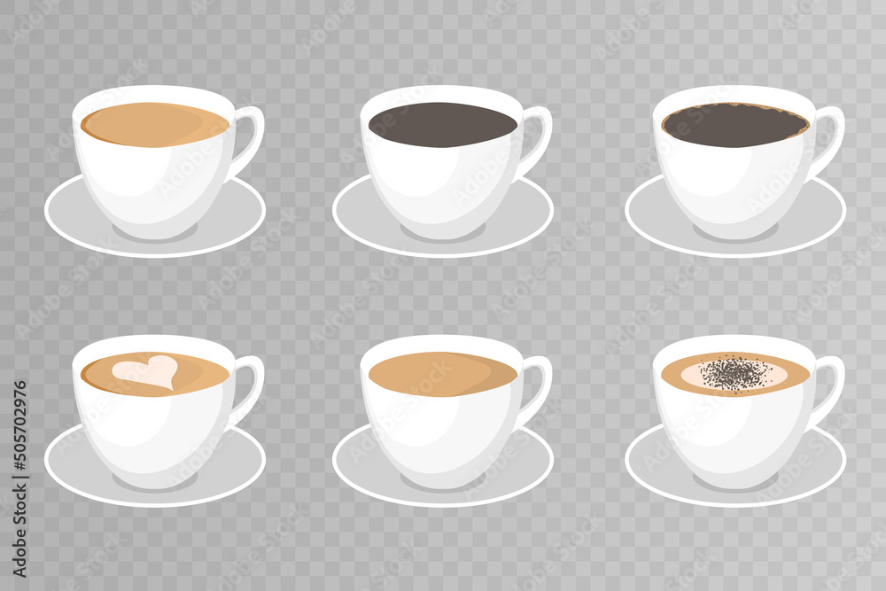 White cups of coffee. Cappuccino latte americano espresso cocoa. Hot coffee in white cups. Vector illustration EPS10 White cups of coffee. Cappuccino latte americano espresso cocoa. Hot coffee in white cups. Vector illustration EPS10