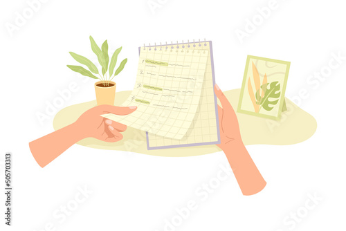 Human Hands Tearing Sheet of Paper from Notepad Vector Illustration