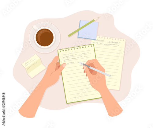 Human Hands Writing Something in Notepad with Pen and Coffee Cup Rested Nearby Above View Vector Illustration