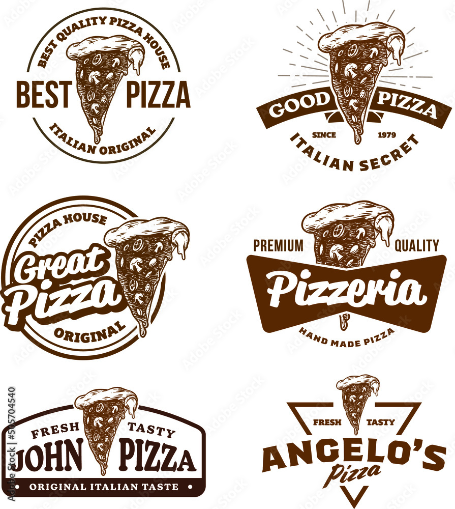Set of vintage pizza logo in emblem style with monochrome illustration