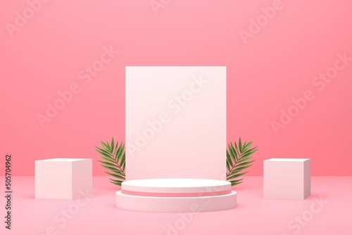 Square pink background with pink base and scene, minimal 3d abstract background, 3d rendering.
