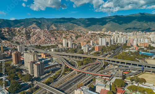 CARACAS, VENEZUELA - MAY 2022 - Aerial panoramic view of the La Arana distributor, Panoramic View of Francisco Fajardo highway in Caracas, Venezuela