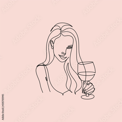 Girl drinks wine or champagne from a glass. Linear silhouette of a woman with a glass goblet. Drawing in one continuous line. Linear glamour logo in minimal for wine label.