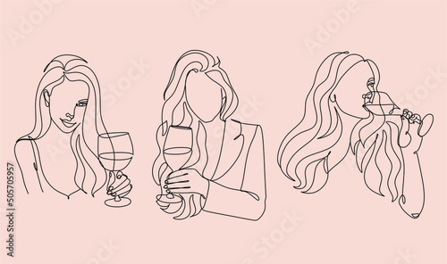 Girl drinks wine or champagne from a glass. Linear silhouette of a woman with a glass goblet. Drawing in one continuous line. Linear glamour logo in minimal for wine label.