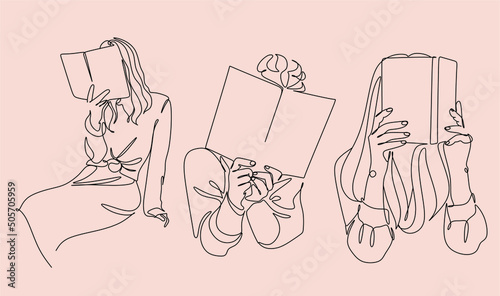One line woman reading a book. Line Art Girl read book. Creative simple elegant minimalist illustration.  Vector illustration isolated on background.