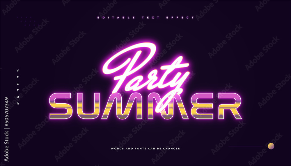 Summer Party Text in Colorful Retro Text Style and Glowing Neon Effect. Editable Text Style Effect