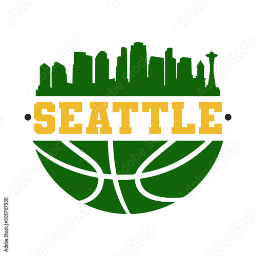 Seattle, WA, USA Basketball Skyline City Silhouette Vector. Basket Design Style Icon Symbols. Sport America Ball.