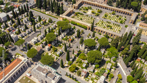 Aerial view of Campo Verano, a monumental cemetery located in the historic center of Rome, Italy. The cemetery has Christian catacombs and many graves of famous people. 